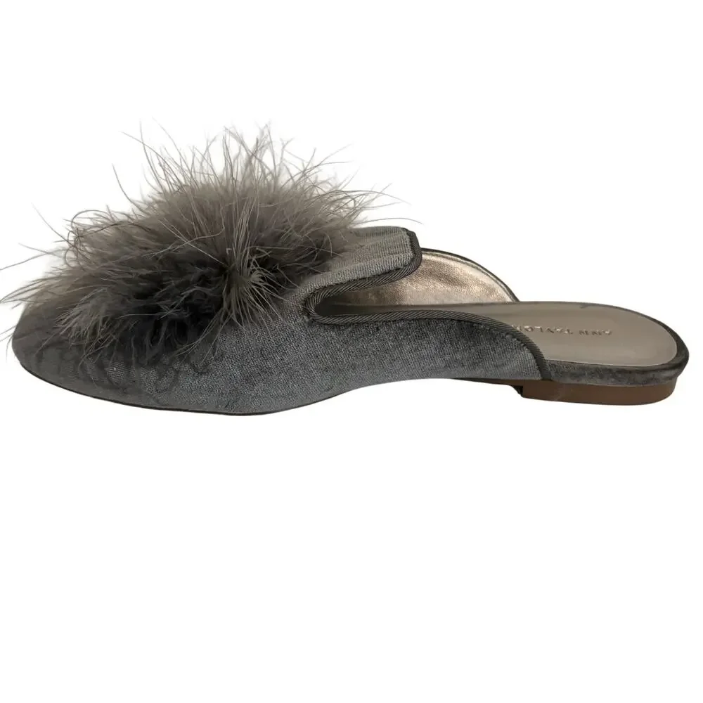 Ann Taylor Verena Grey Velvet Feather Pom Pom Mules Flat Slides Glam Statement